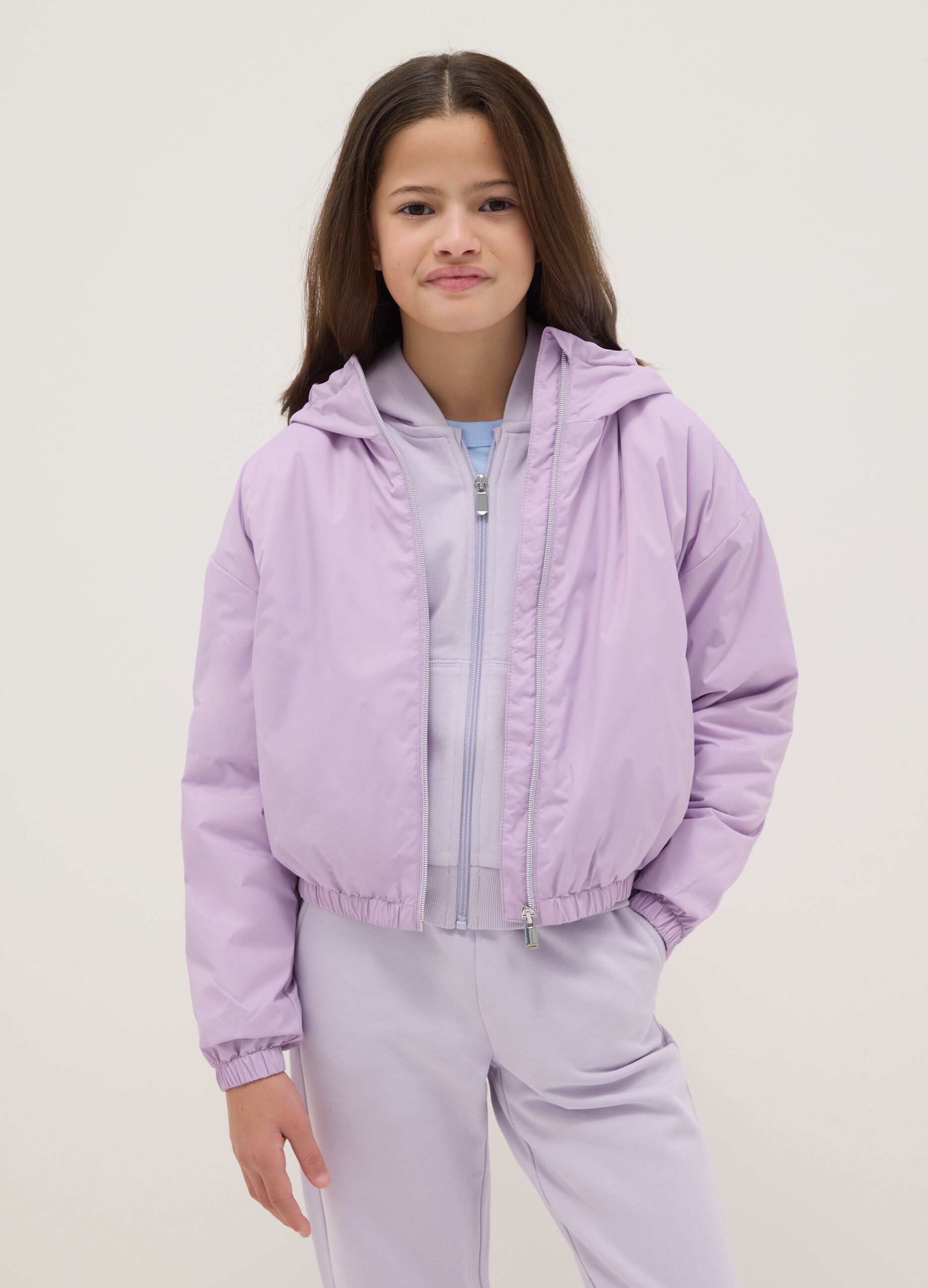 Purple padded regular fit jacket with hood for girls