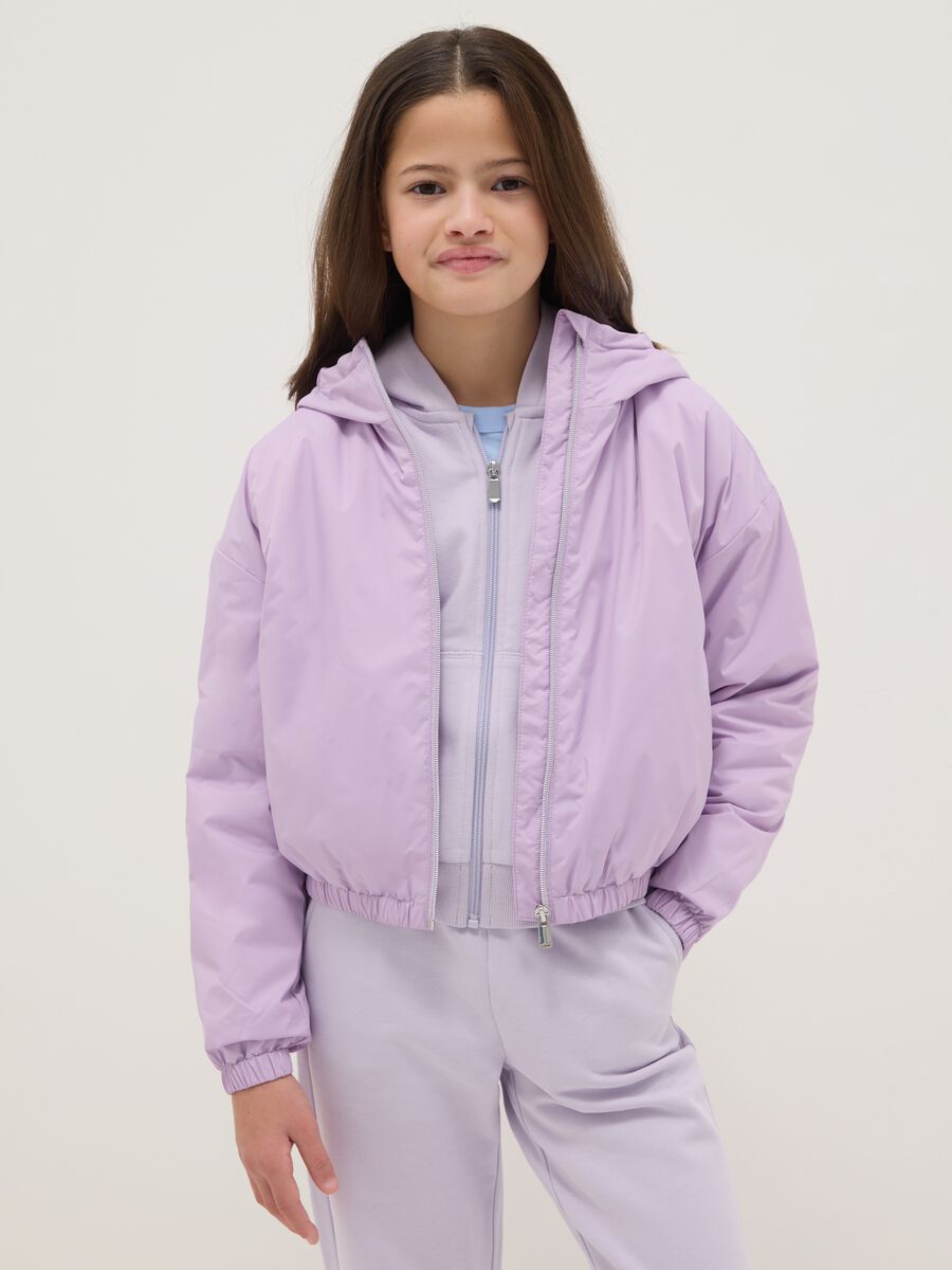 Purple padded regular fit jacket with hood for girls_0