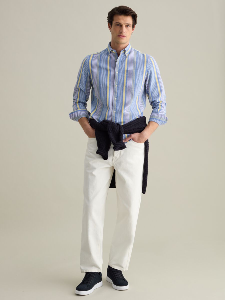 Regular-fit shirt in cotton and linen with multicoloured stripes_1