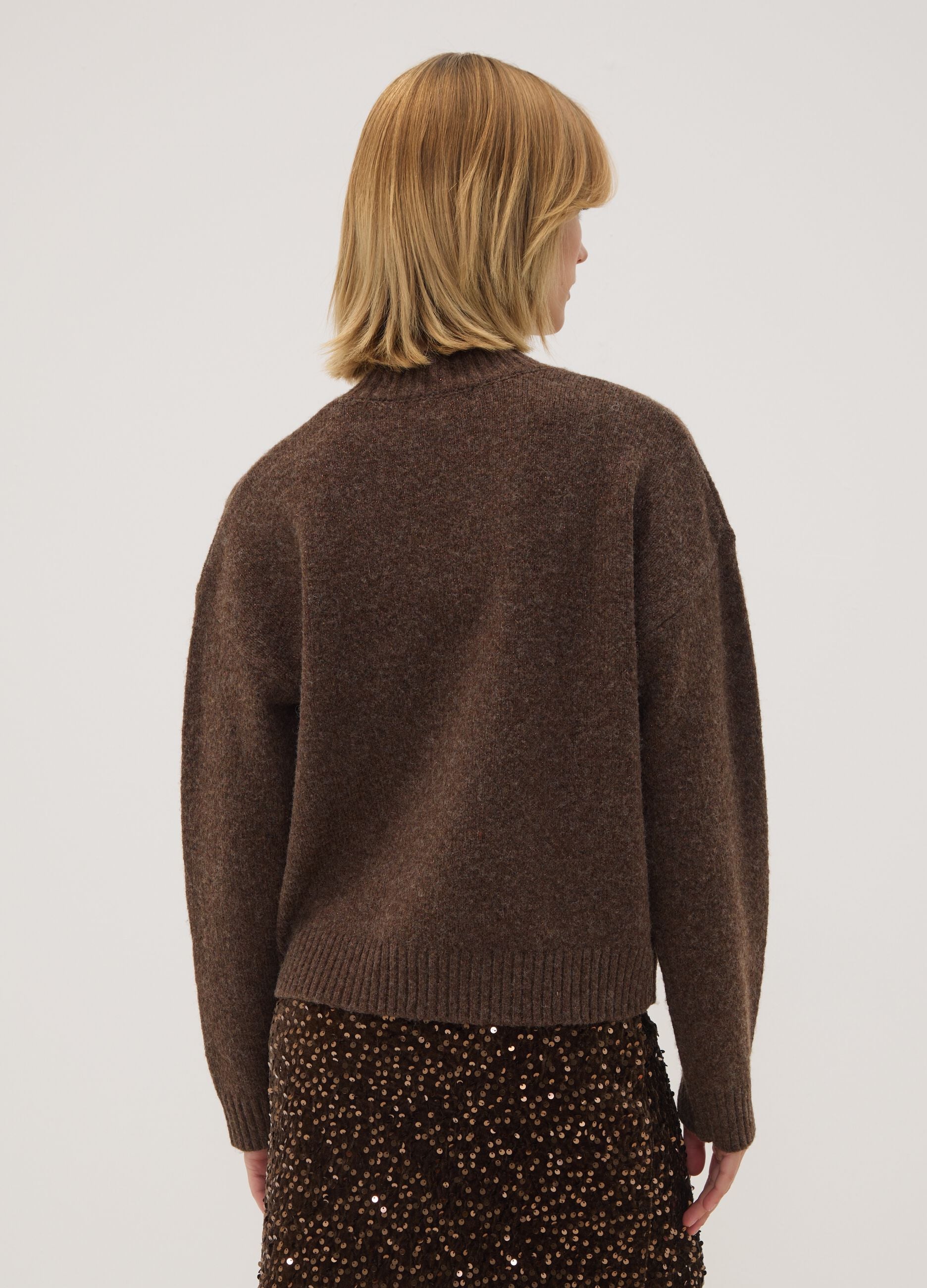Brown wool-blend jumper with high neck, oversized fit