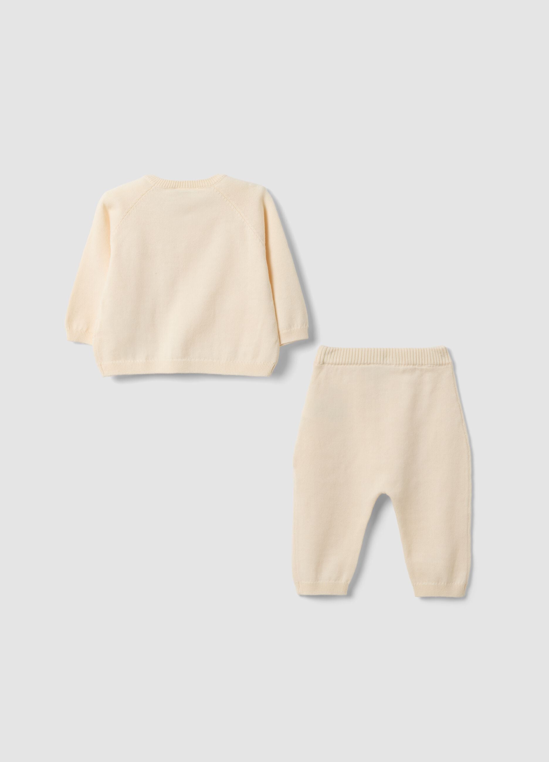 Beige organic cotton knit set with cardigan and trousers