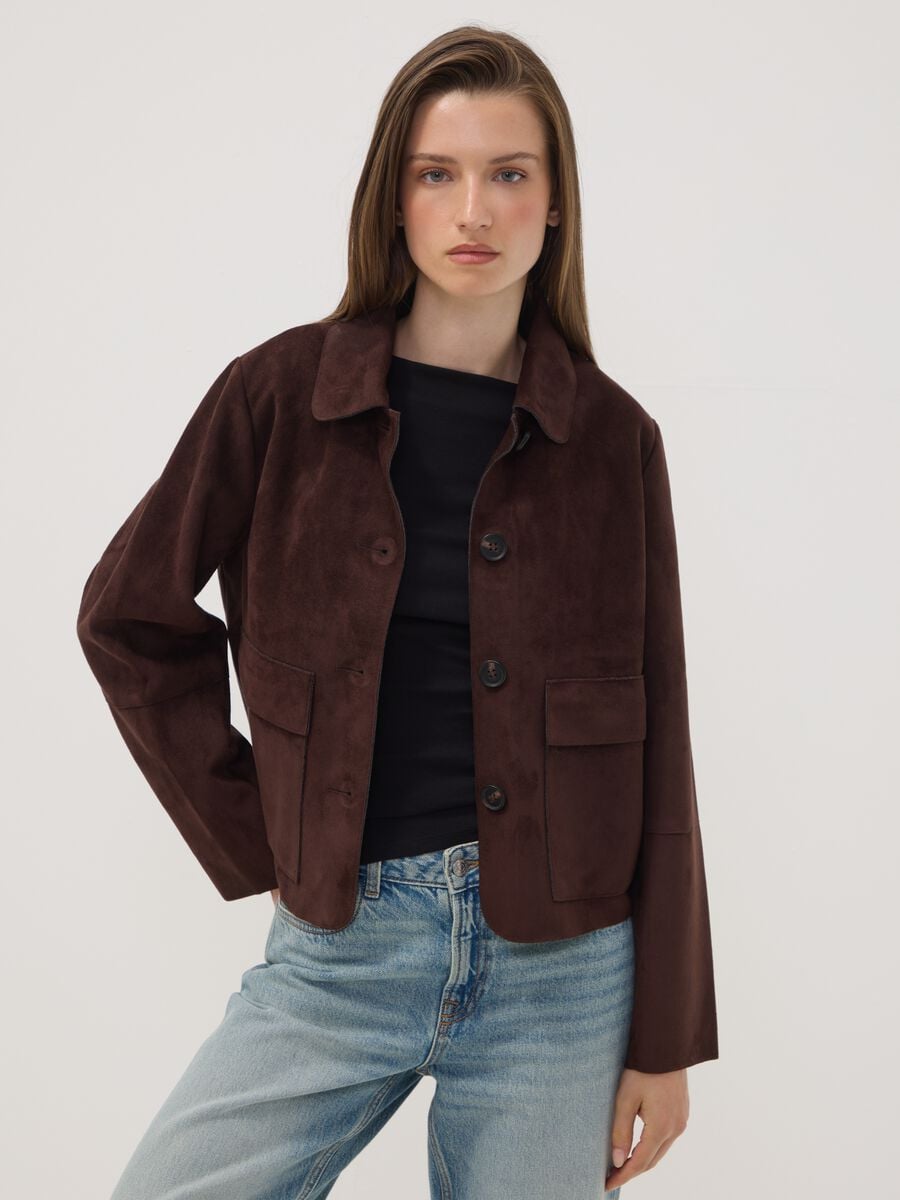 Brown regular-fit shacket with patch pockets_0