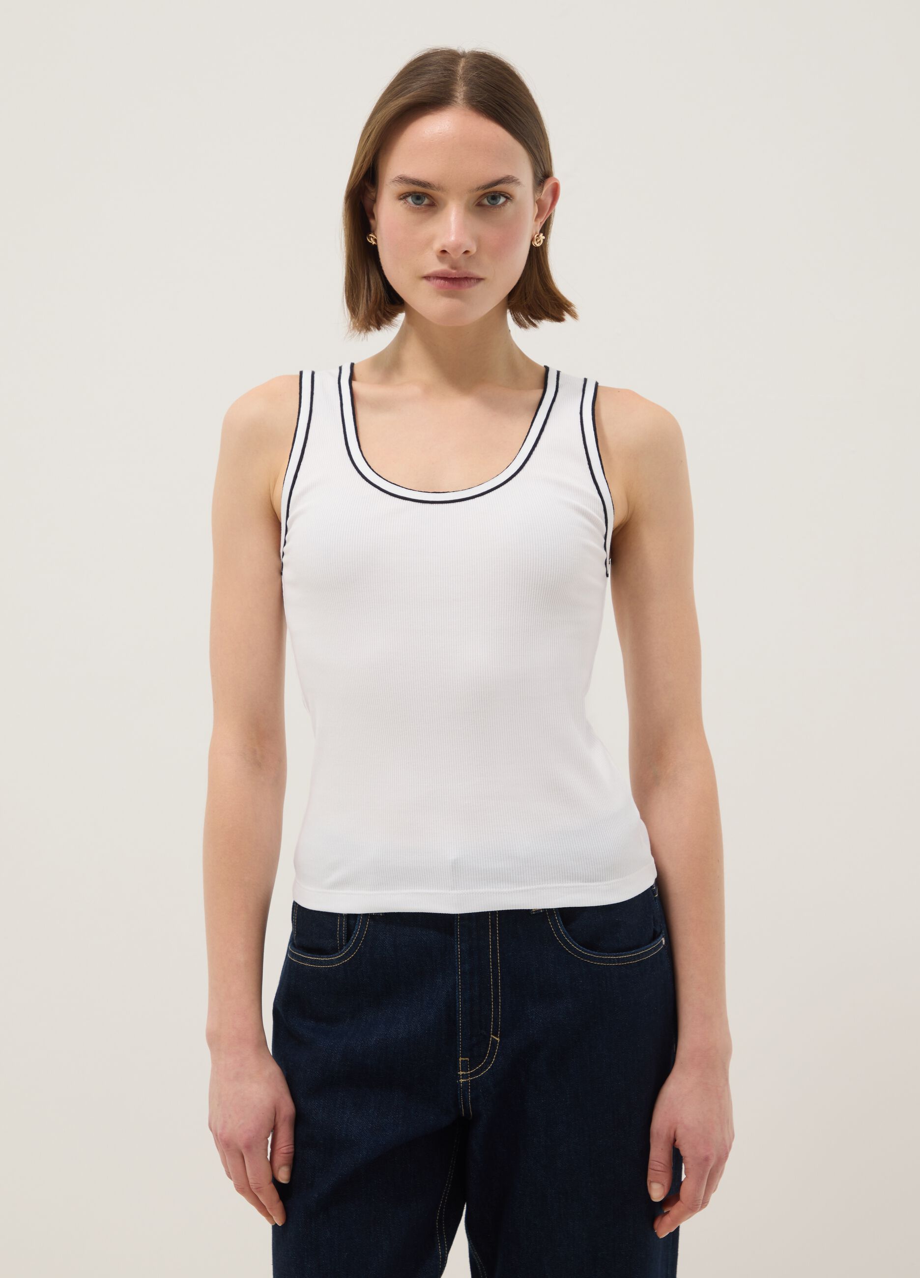 White stretch cotton tank top with border regular fit