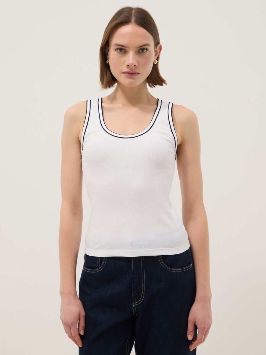 White stretch cotton tank top with border regular fit_0