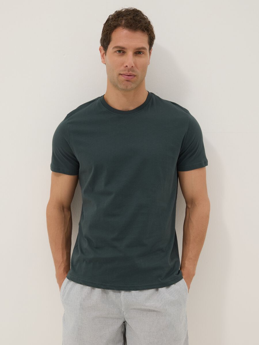 Green short-sleeve striped pyjama set in pure organic cotton jersey_1