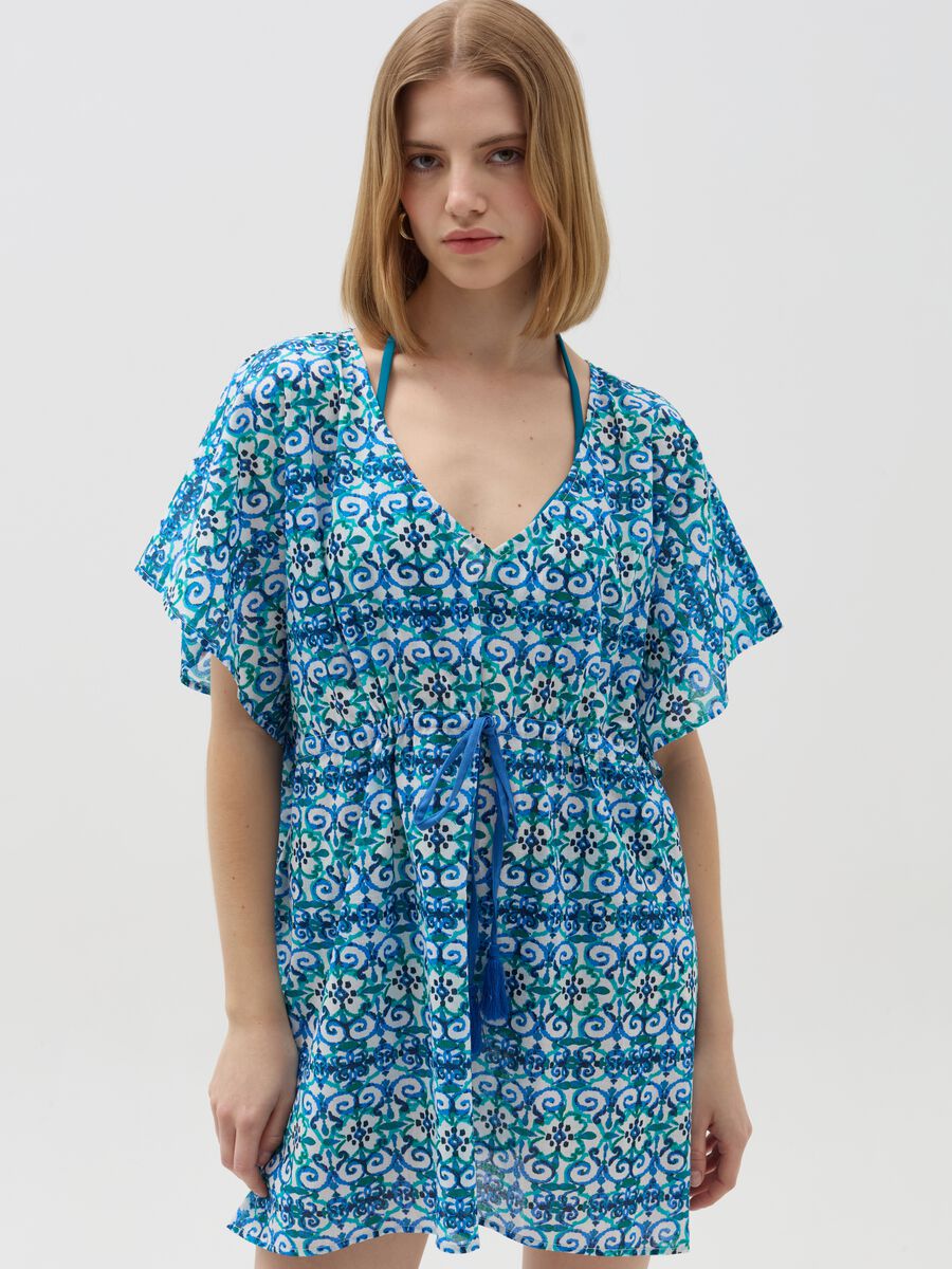 Beach cover-up poncho with majolica print_1