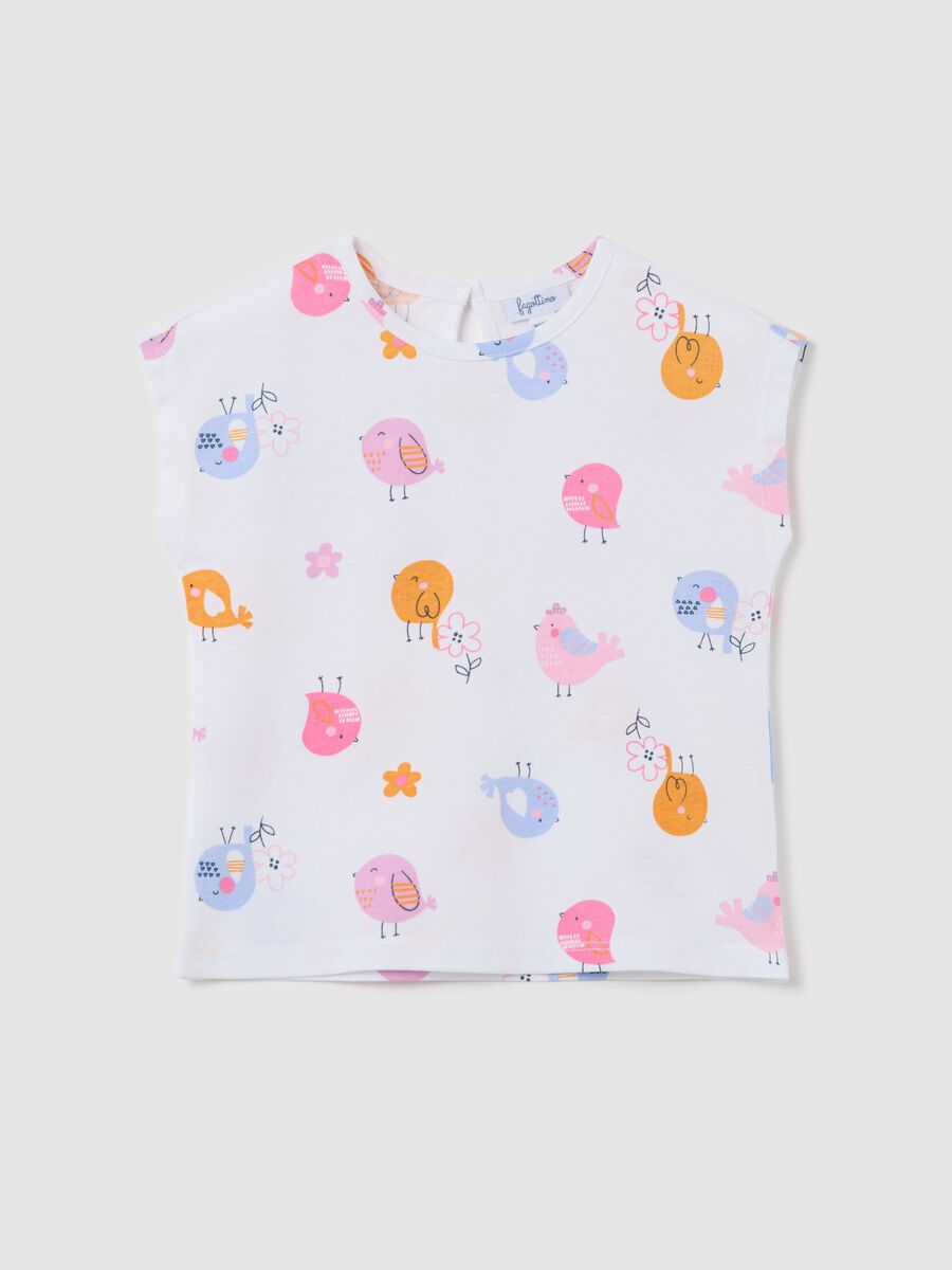 White cotton T-shirt with flowers and birds print_0