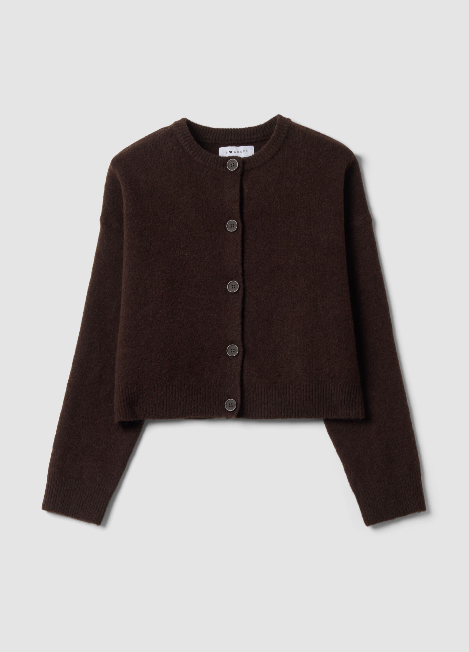 Cardigan marrone in tessuto elasticizzato con girocollo over fit