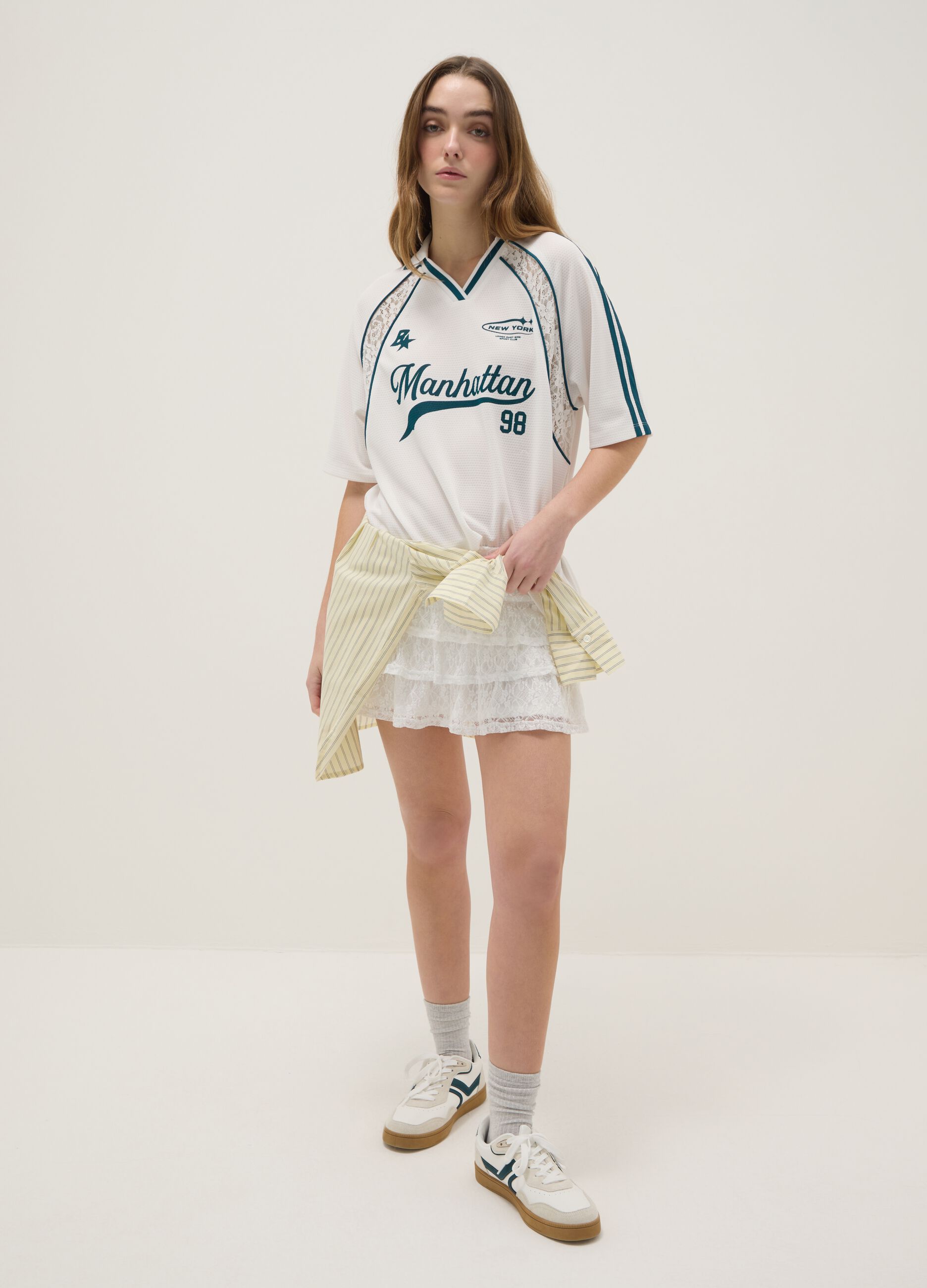 White relaxed fit V-neck t-shirt with sporty details