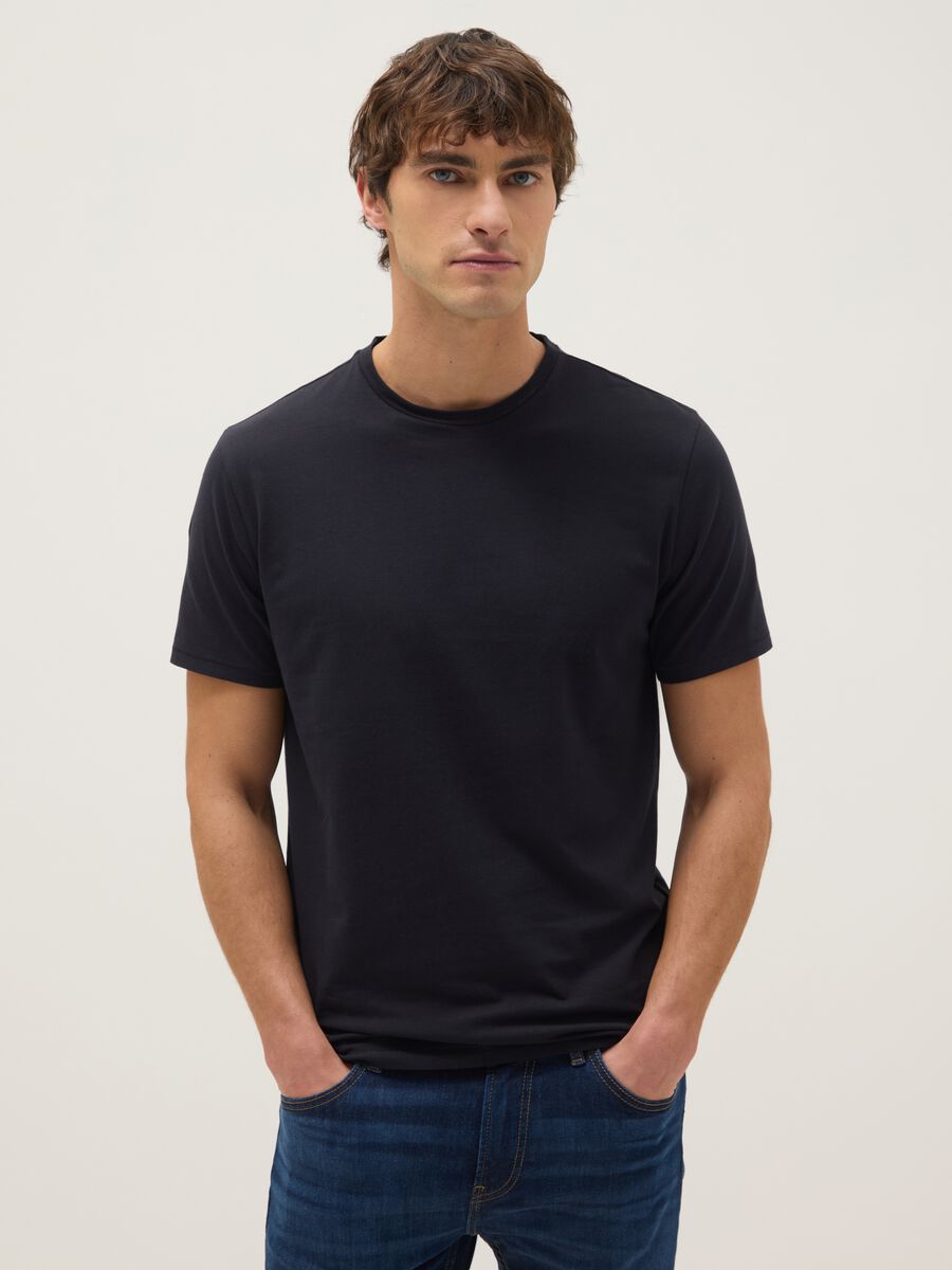 Black slim fit stretch cotton T-shirt_0