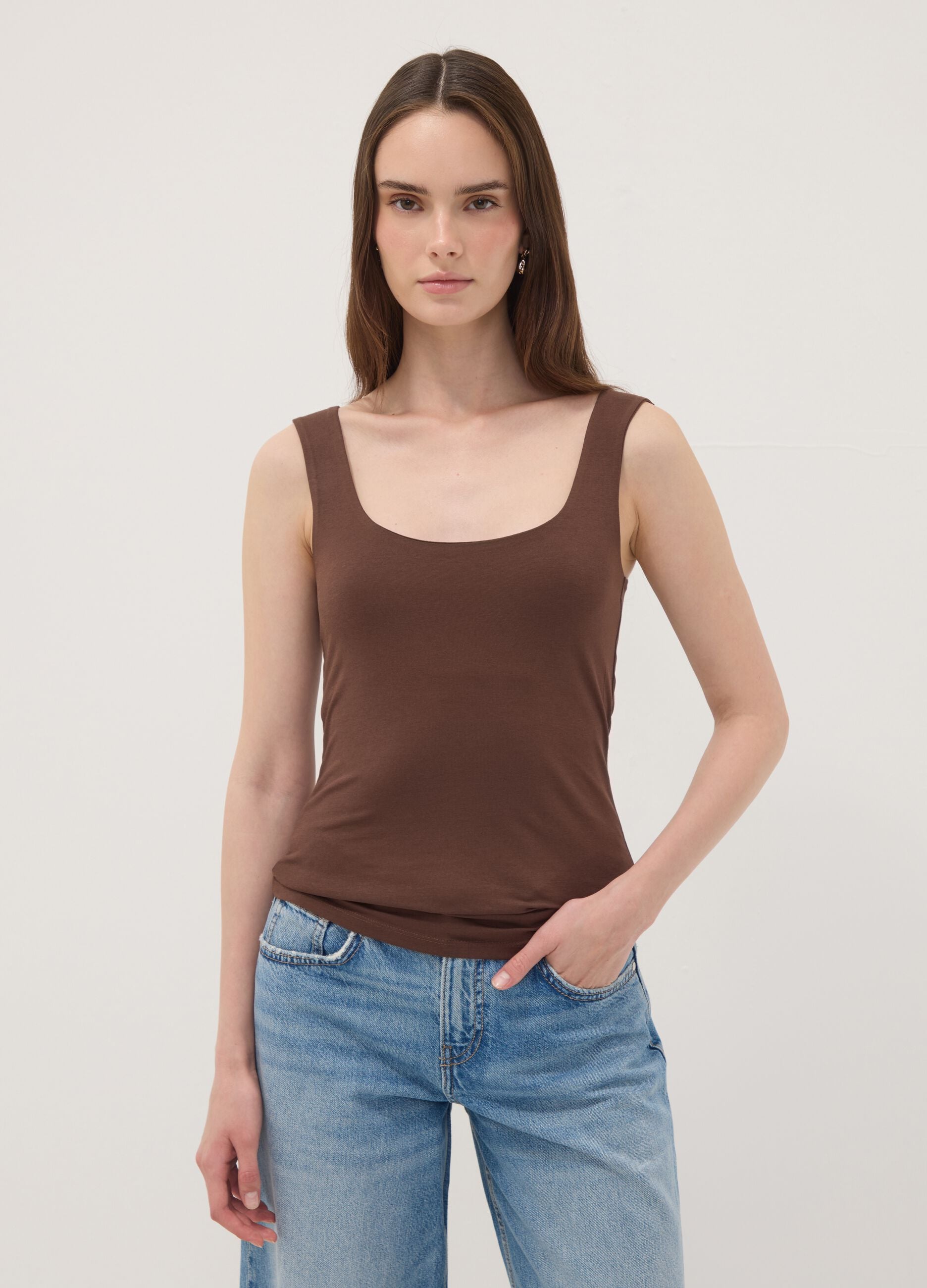 Brown fitted stretch-cotton tank top