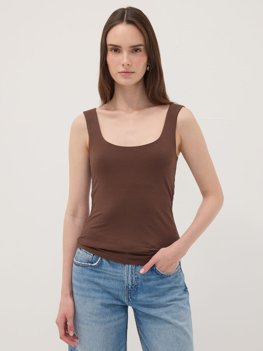 Brown fitted stretch-cotton tank top_0