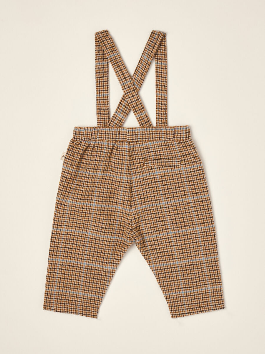 Pantaloni marroni a quadri in misto cotone con bretelle_2