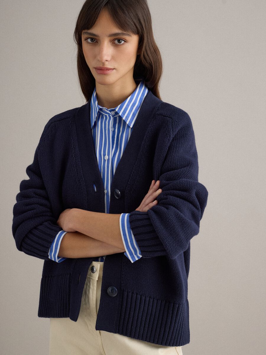 Blue cardigan in pure cotton with deep V-neck_2