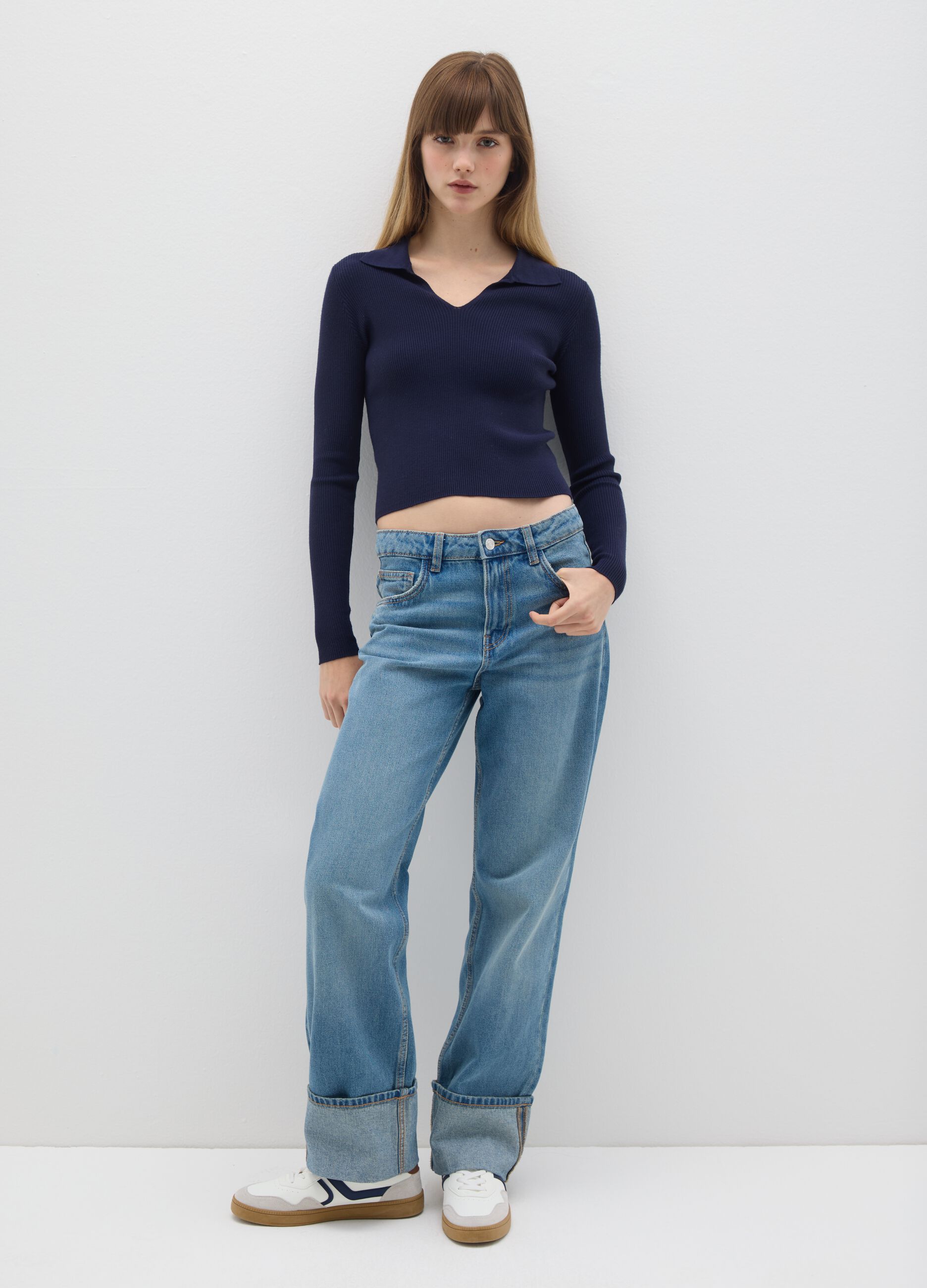 Blue viscose blend fitted jumper