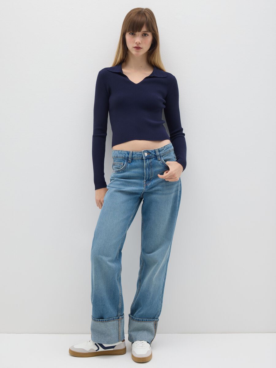 Maglia a maniche lunghe blu con collo polo_1