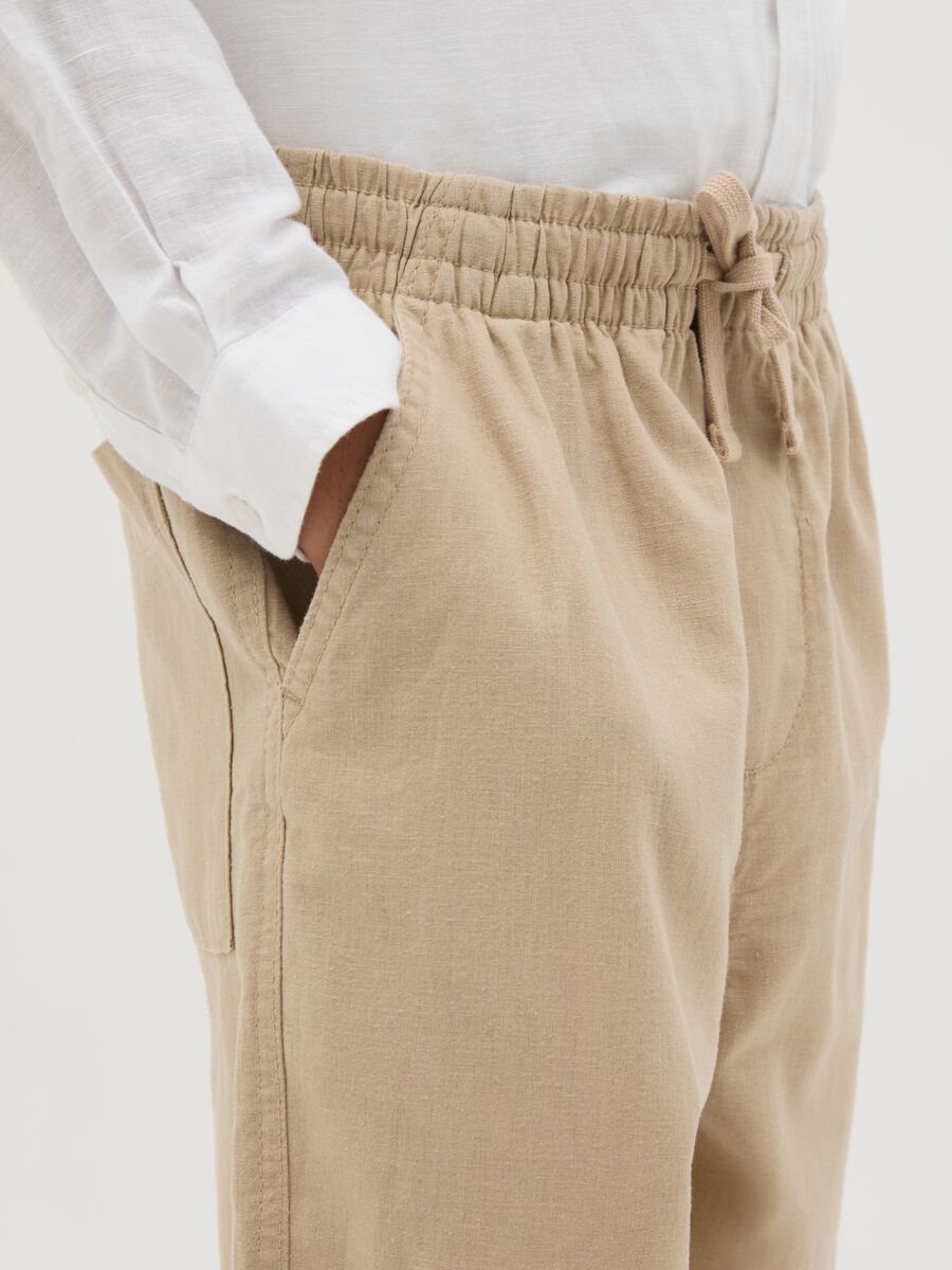 Boys' Beige Linen Regular Fit Trousers with Elastic Waist_2