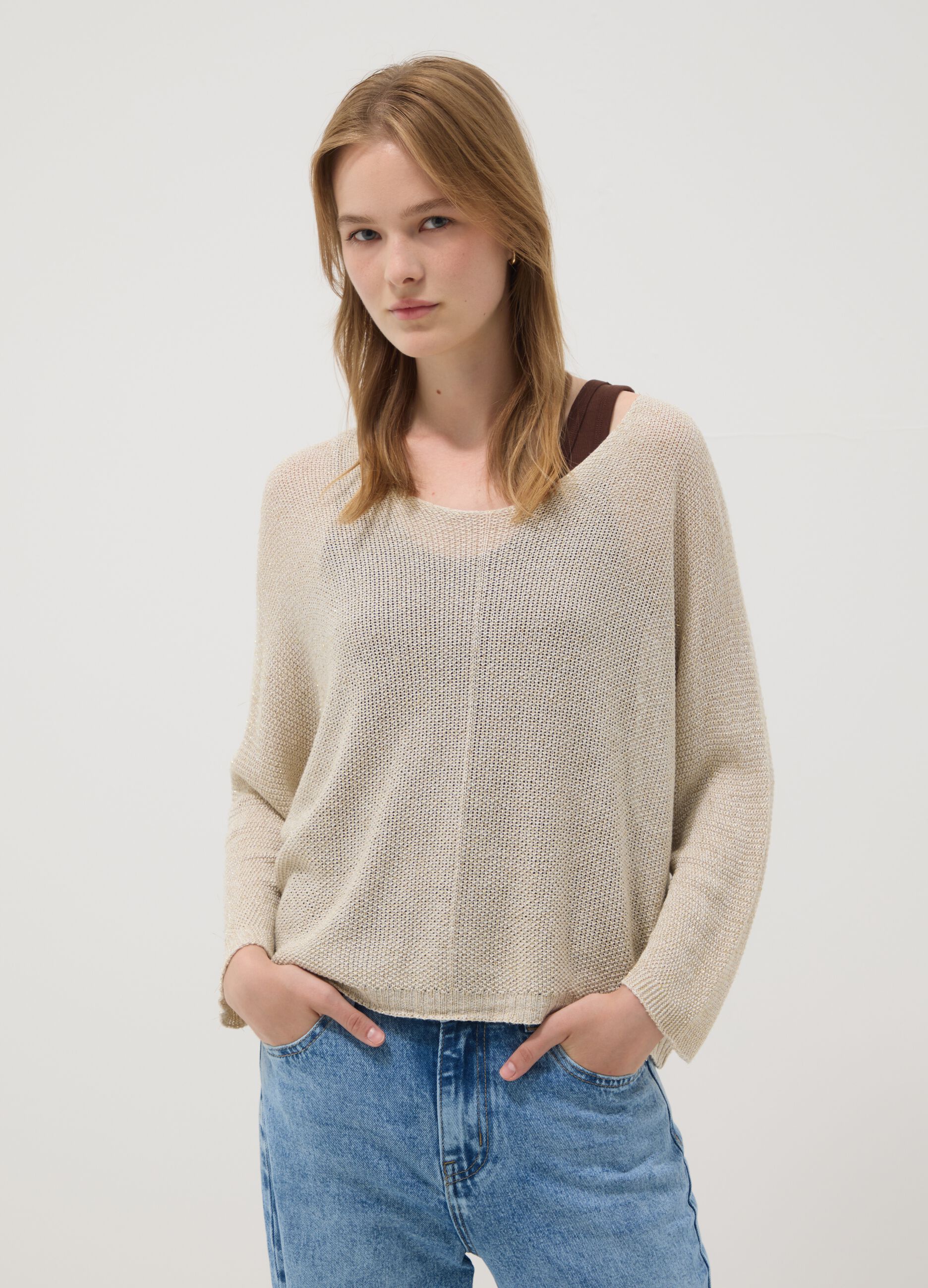 Beige viscose and linen blend knit