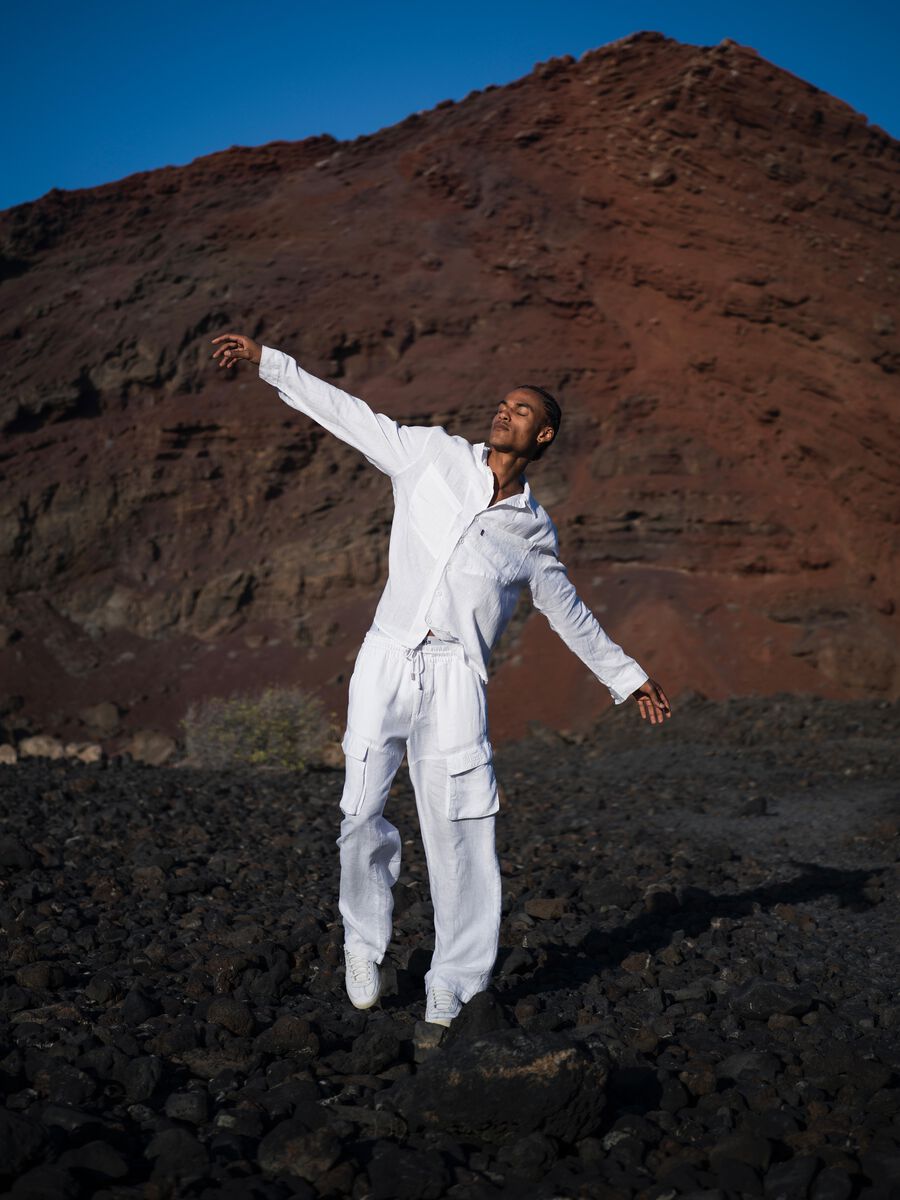 100% Linen White Cargo Trousers_0