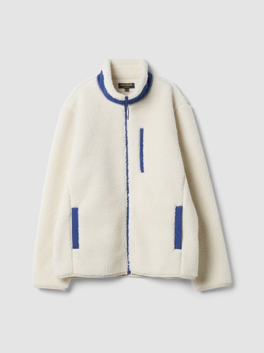 Cream white regular-fit sherpa sweatshirt with crew neck and zip_0