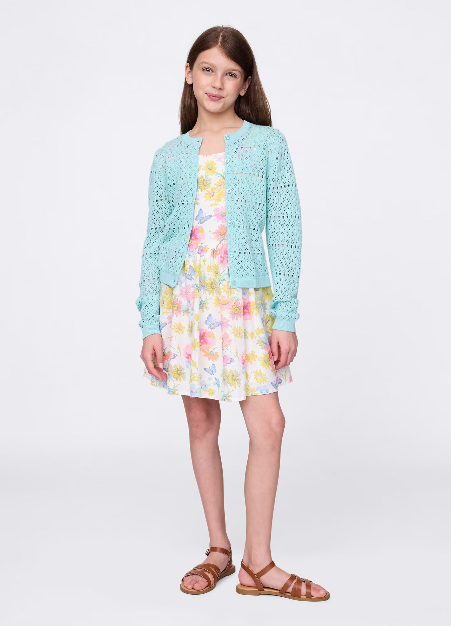 Dress with floral pattern in linen and cotton