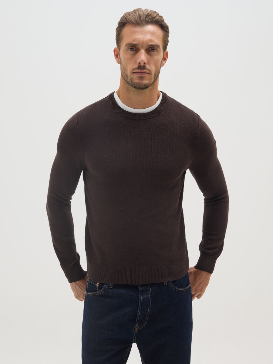 Brown cotton blend regular fit sweater_0
