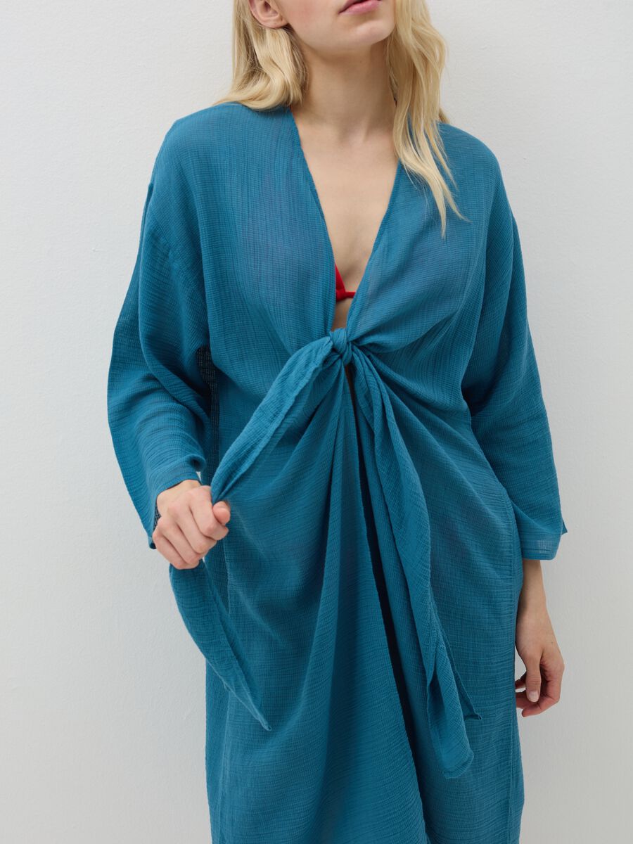 Beach cover-up kimono with V neck and knot_0