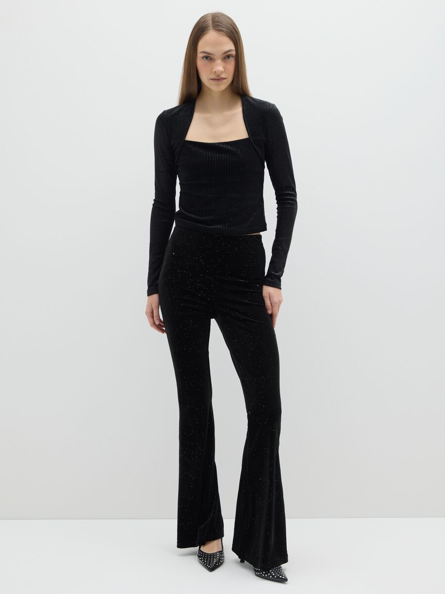 Black long-sleeve shirt regular fit with square neckline and rhinestones_2