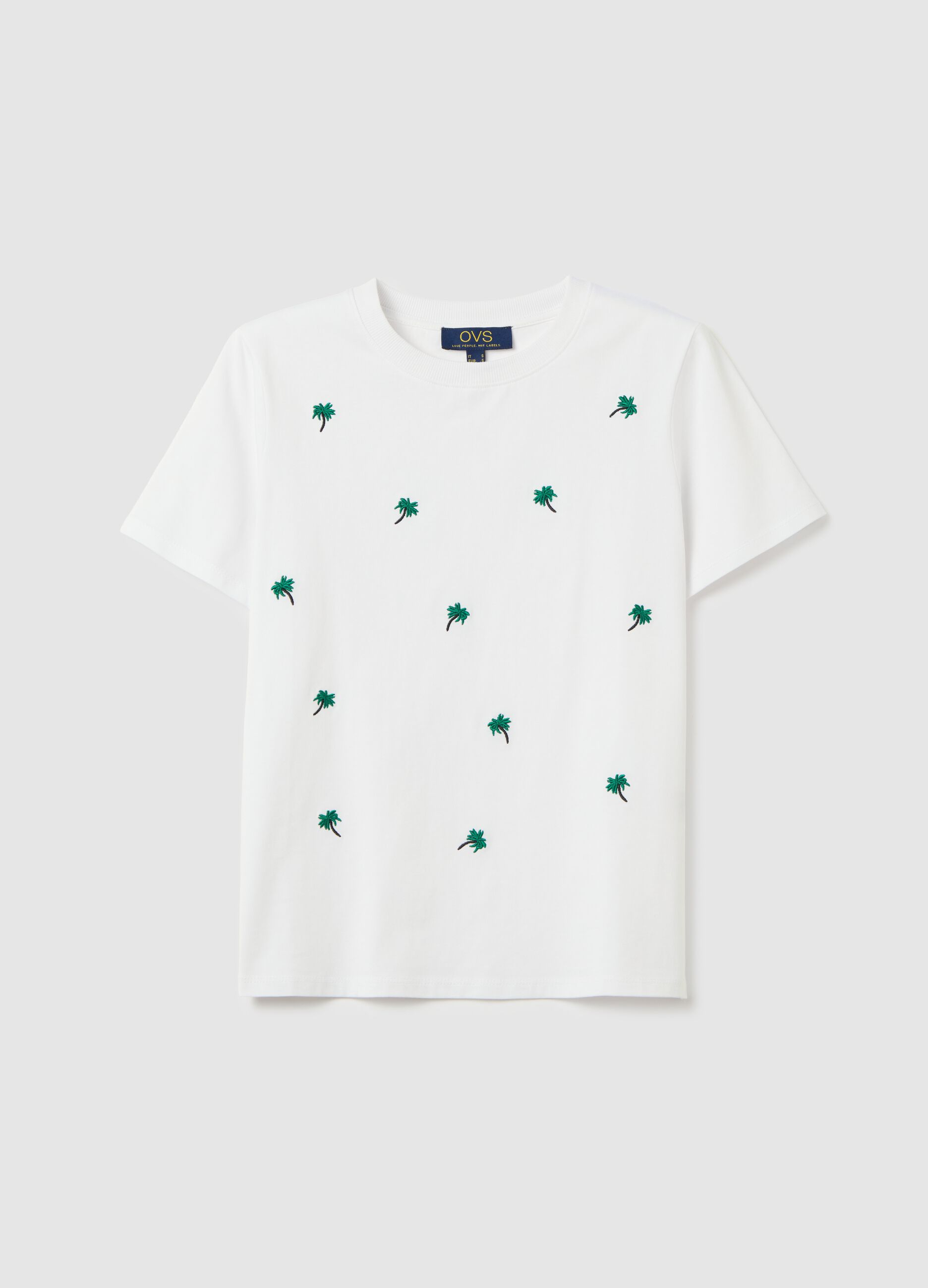 White cotton T-shirt with embroidered palm trees