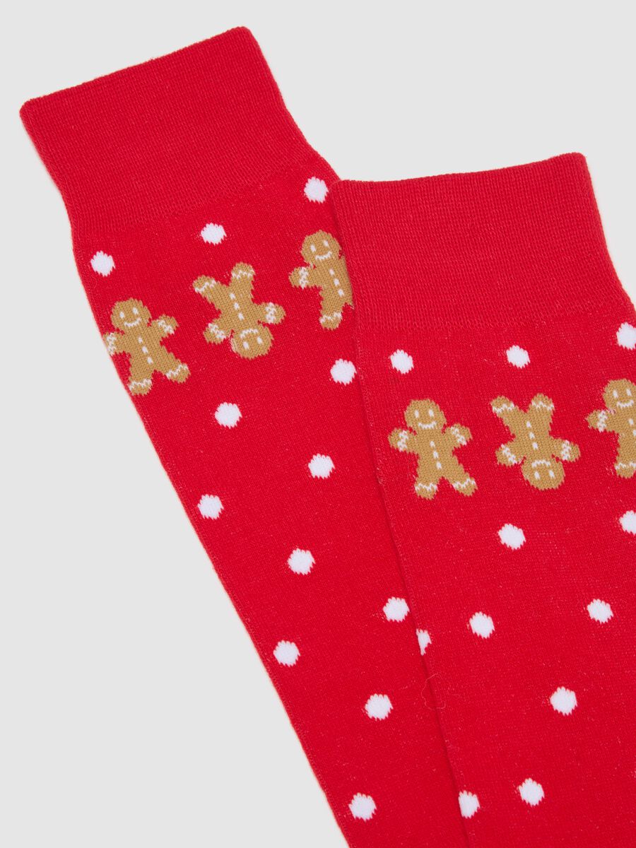 Red polka dot cotton blend Christmas long socks_1