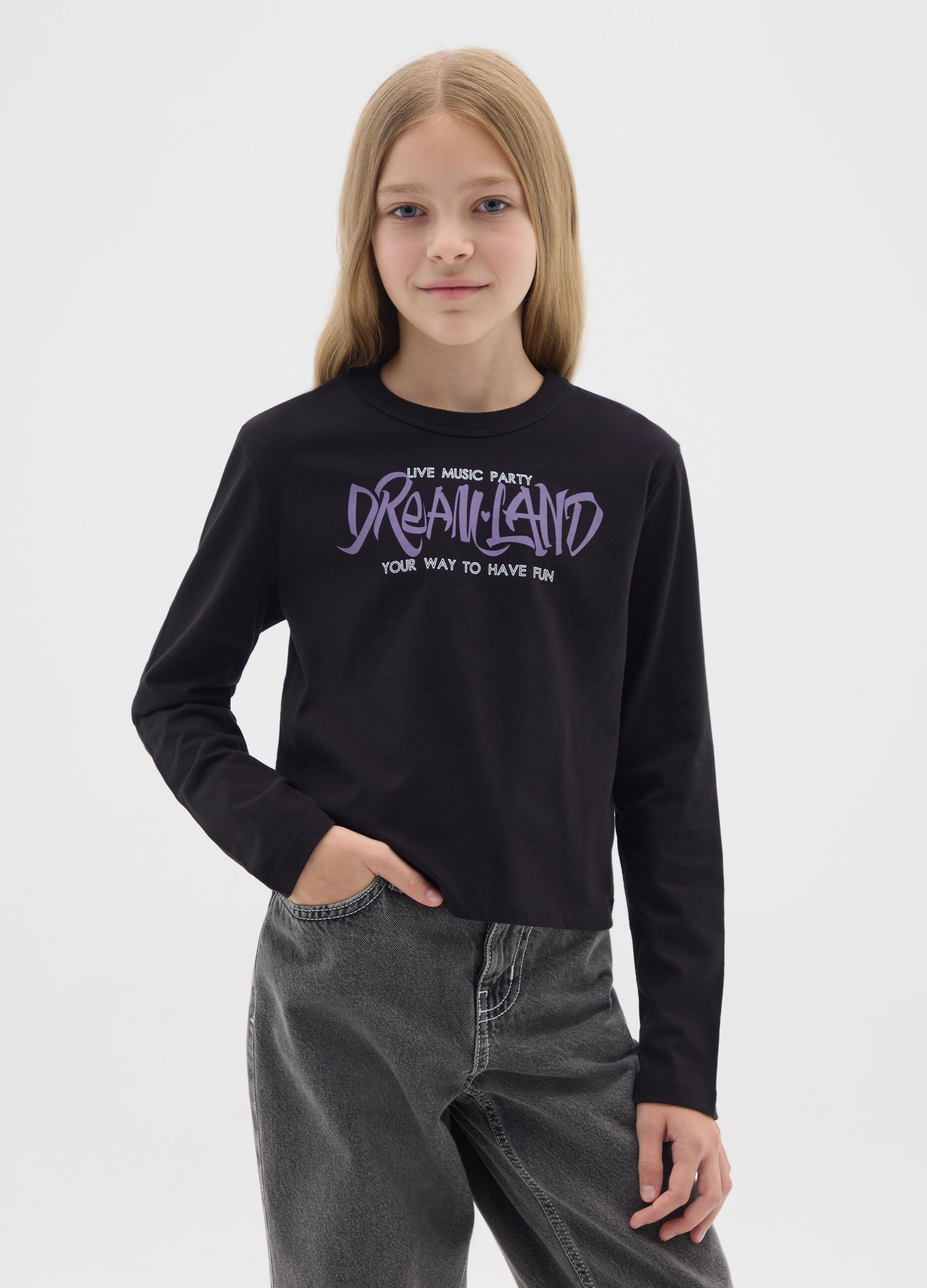 T-shirt da ragazze in puro cotone nero regular fit con stampa