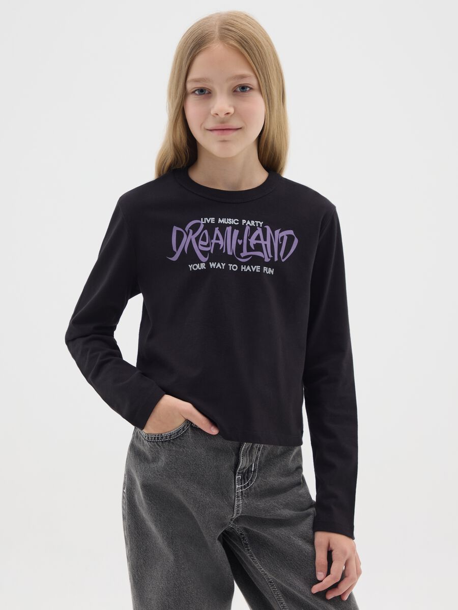 Girls' black pure cotton regular fit t-shirt with print_0