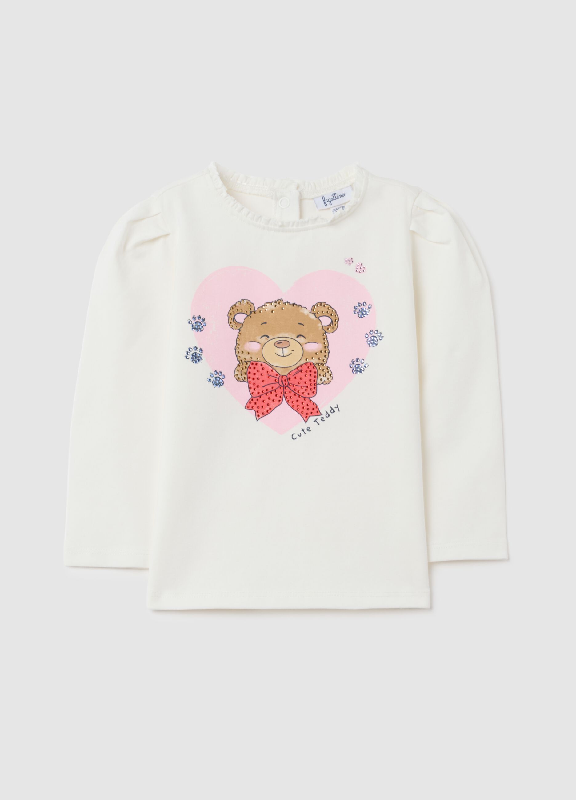 Maglietta da bambina in cotone bianco regular fit con orsetto