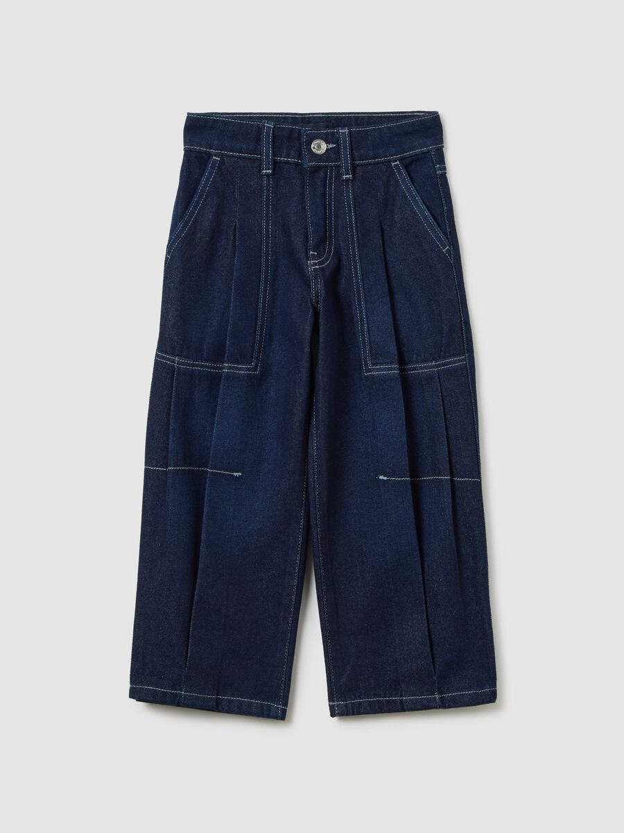 Girls' baggy blue pure cotton jeans_0