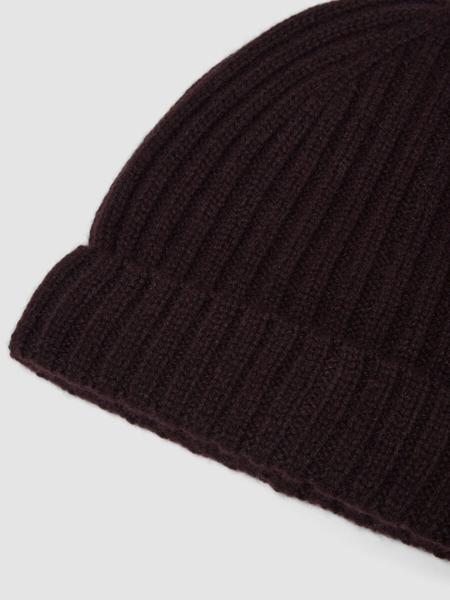 Brown ribbed pure cashmere beanie_1