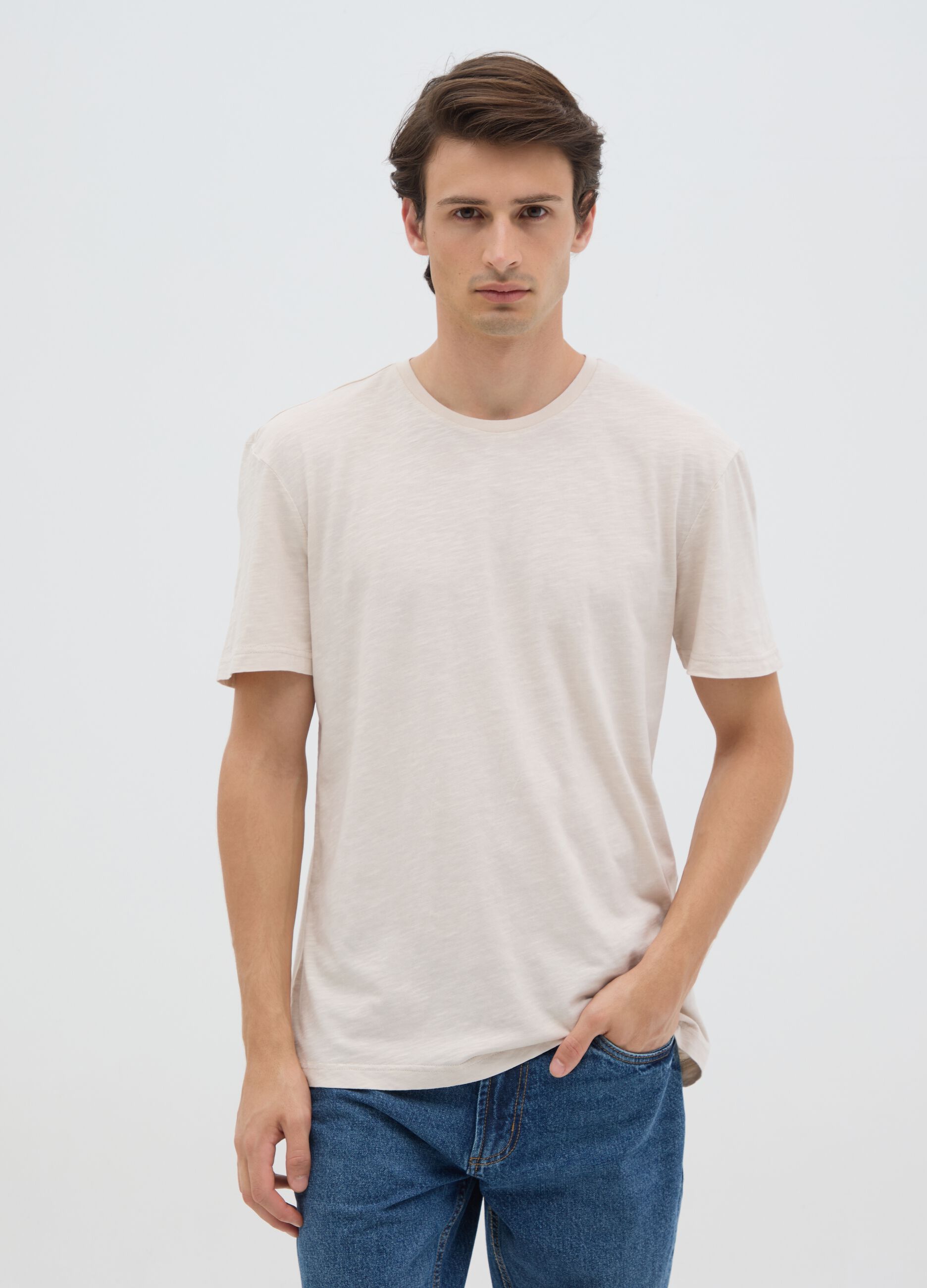 Men's beige pure cotton regular fit T-shirt