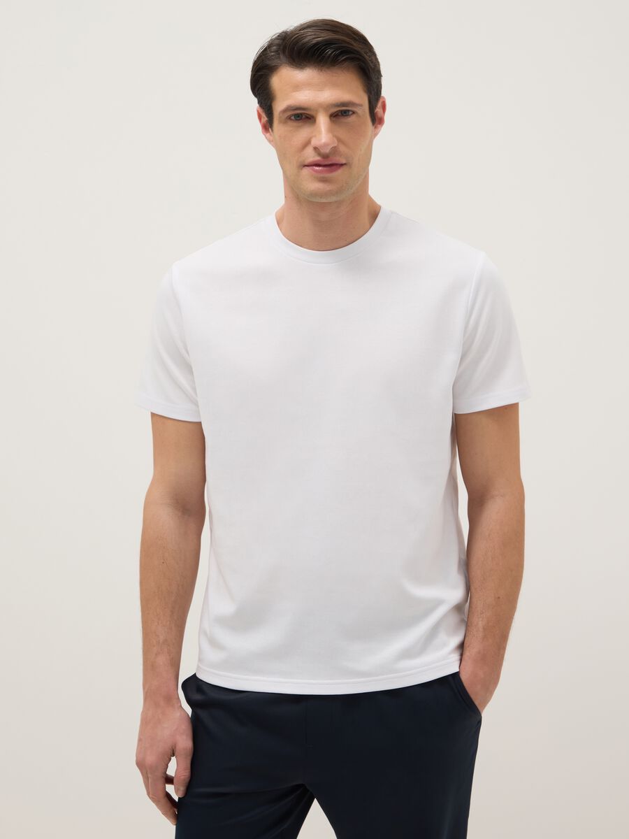 White Cotton Blend Crew Neck T-shirt Regular Fit_0