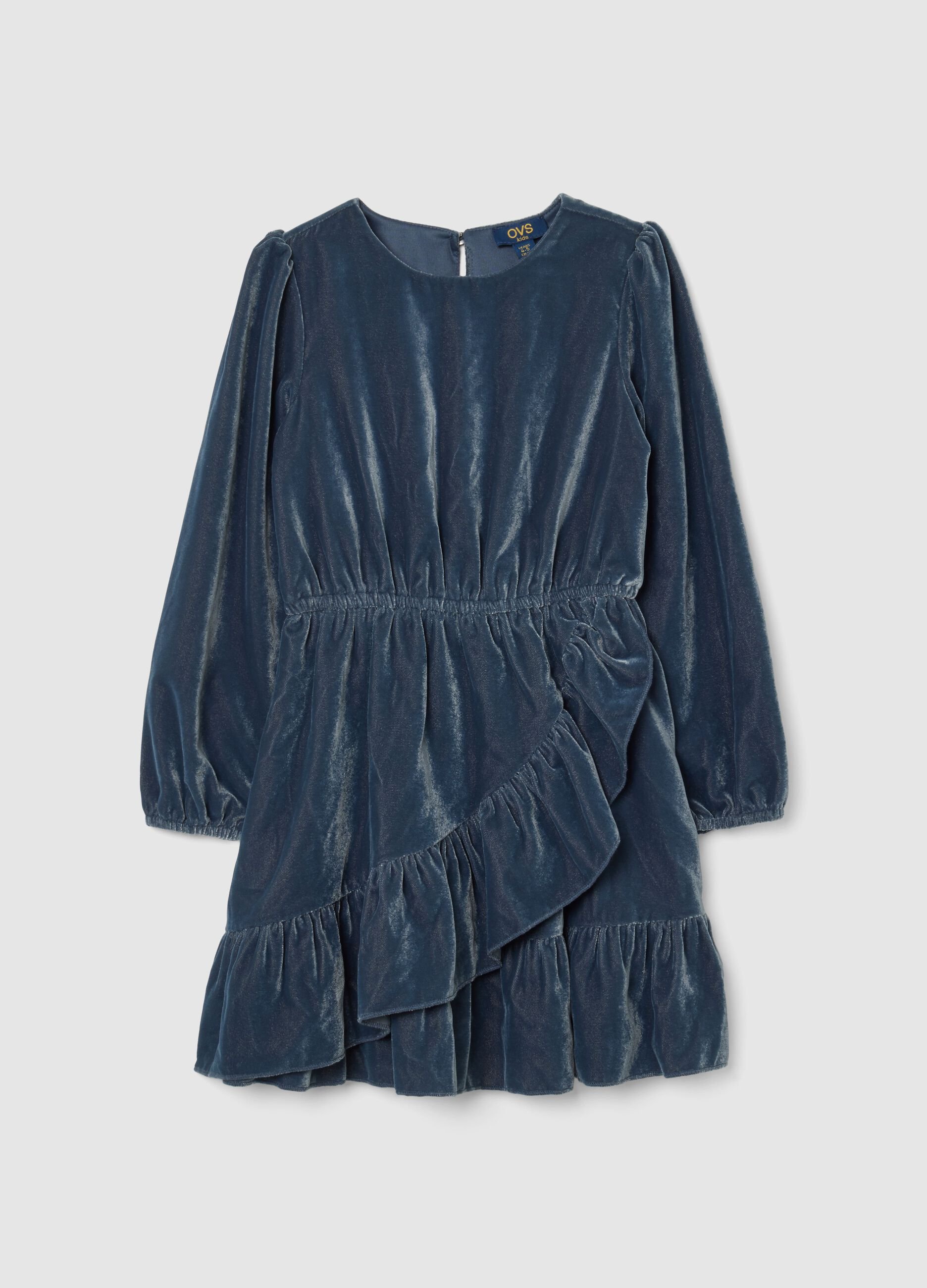 Blue velour girl's dress regular fit with ruffles