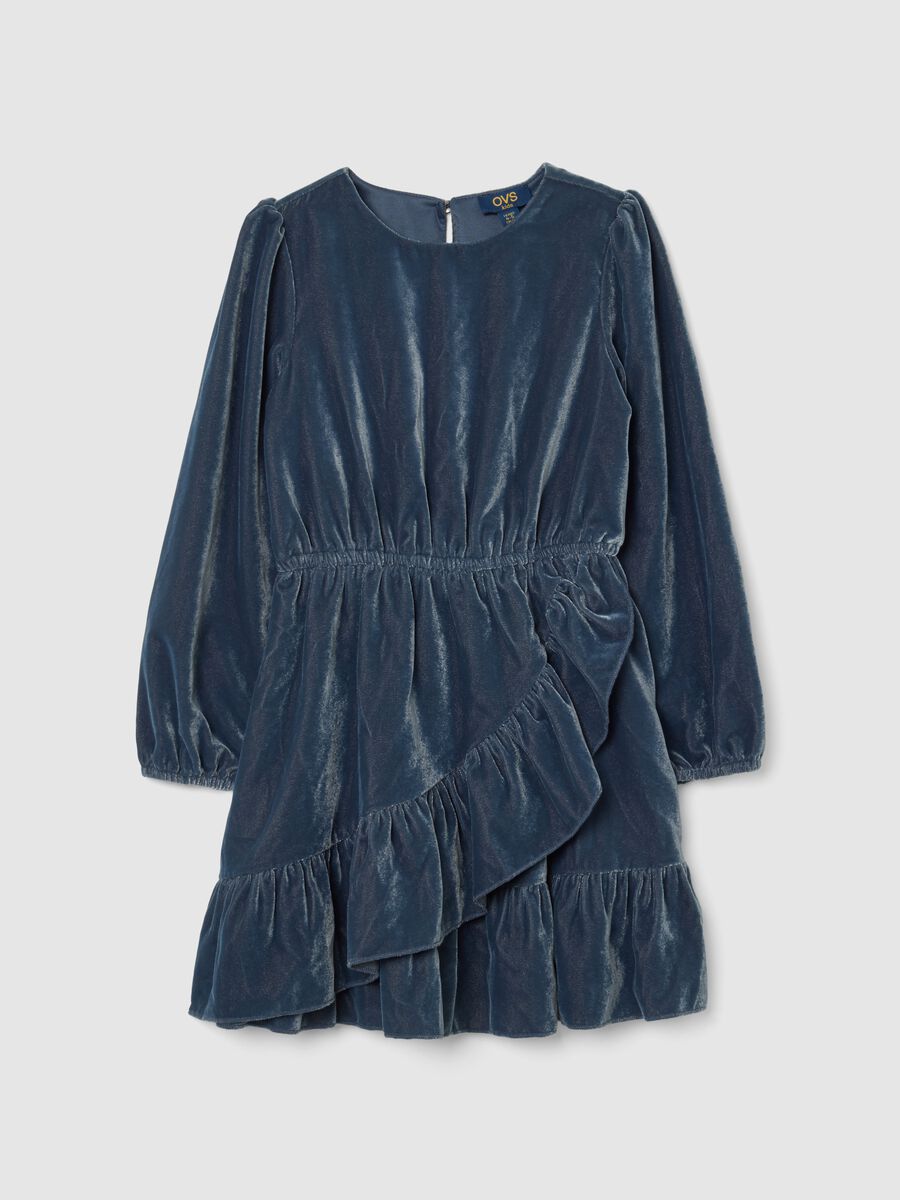 Abito blu da bambina in velour regular fit con balze_0