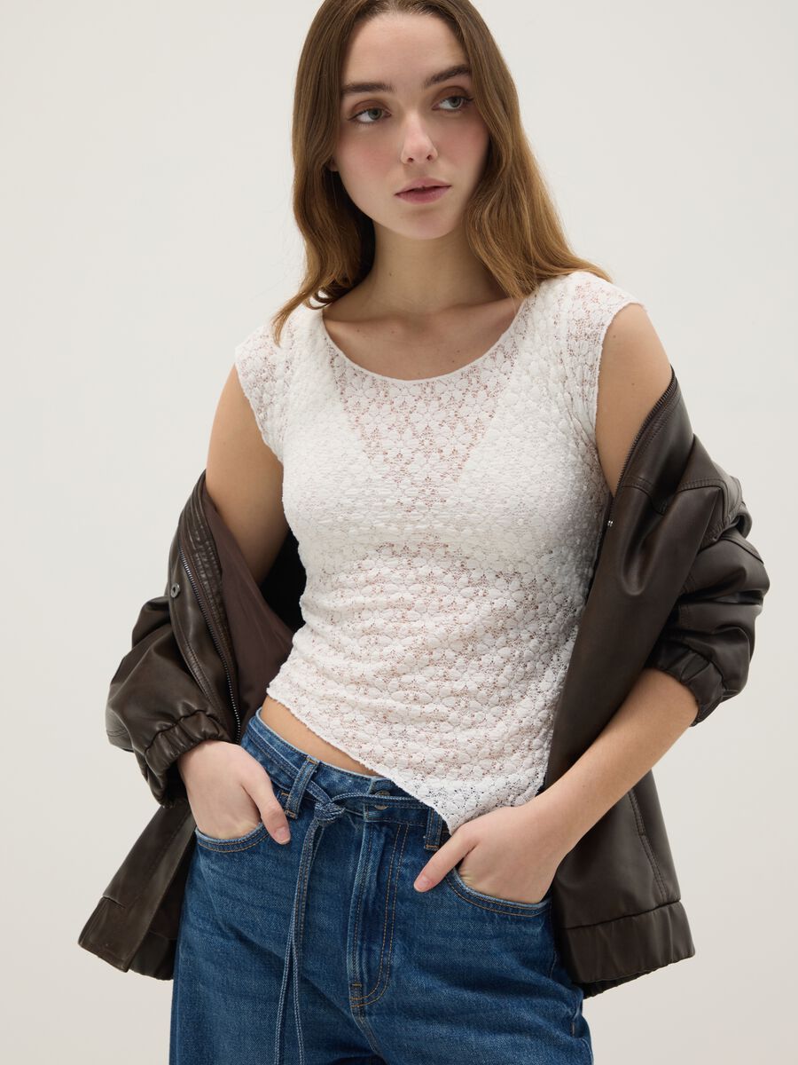 White slim fit cotton blend T-shirt with perforated design_0