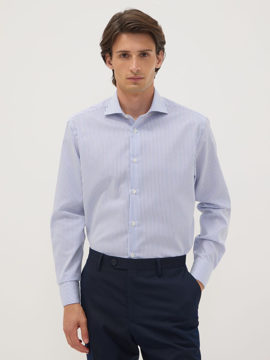 Light blue striped pure cotton dobby shirt with French collar, non-iron_0