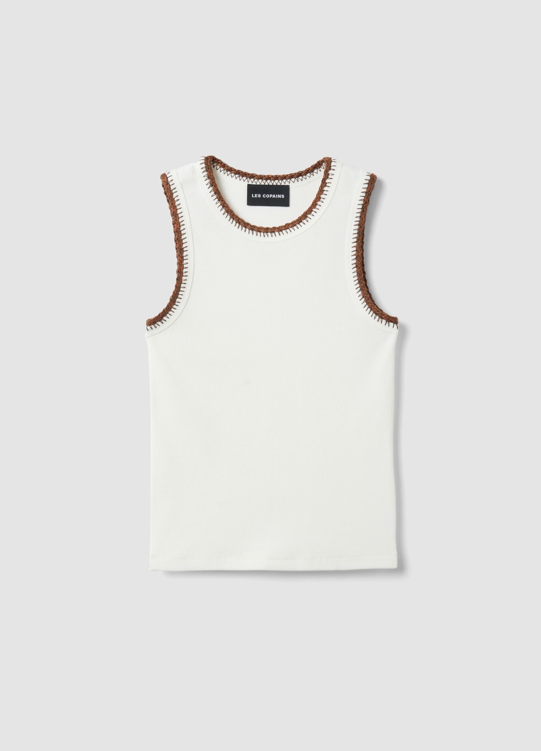 White Stretch Cotton Vest Regular Fit with Embroidered Edges