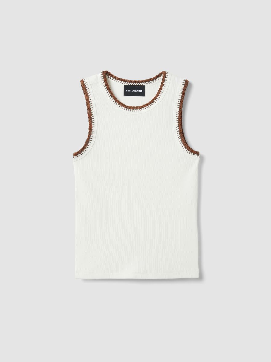 Canotta in cotone elasticizzato bianca regular fit con bordi ricamati_4