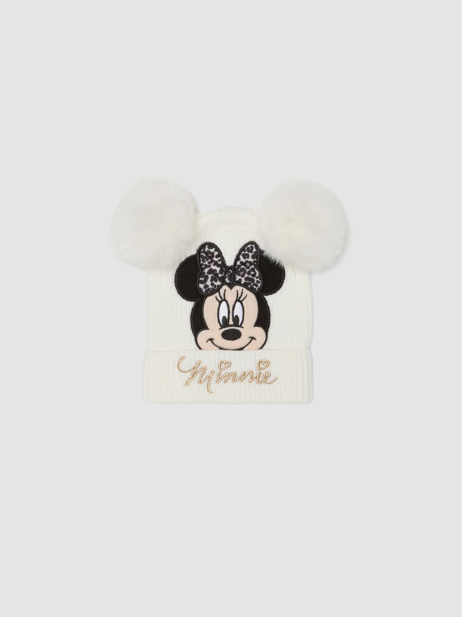 White viscose-blend hat with pom‑poms and Minnie embroidery_0