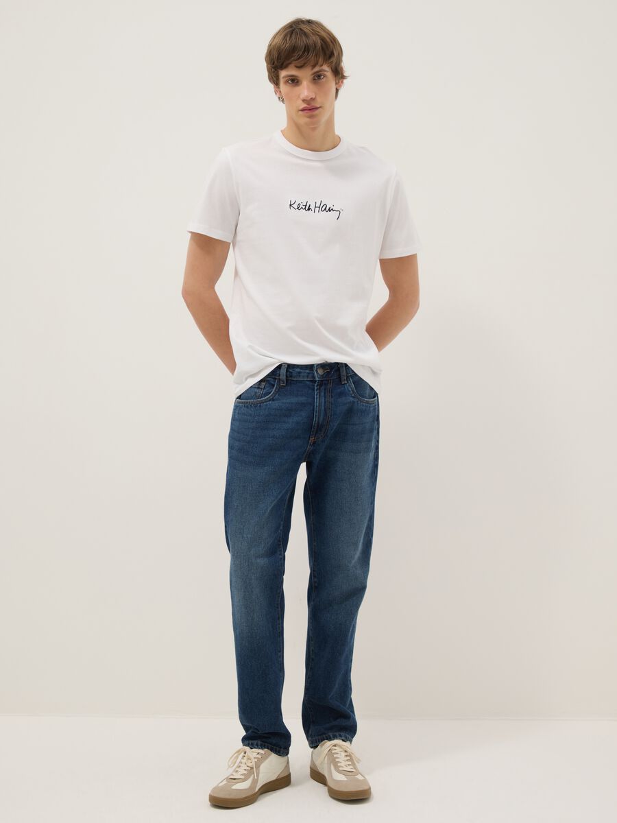 White short-sleeve pure cotton T-shirt with Keith Haring signature_1