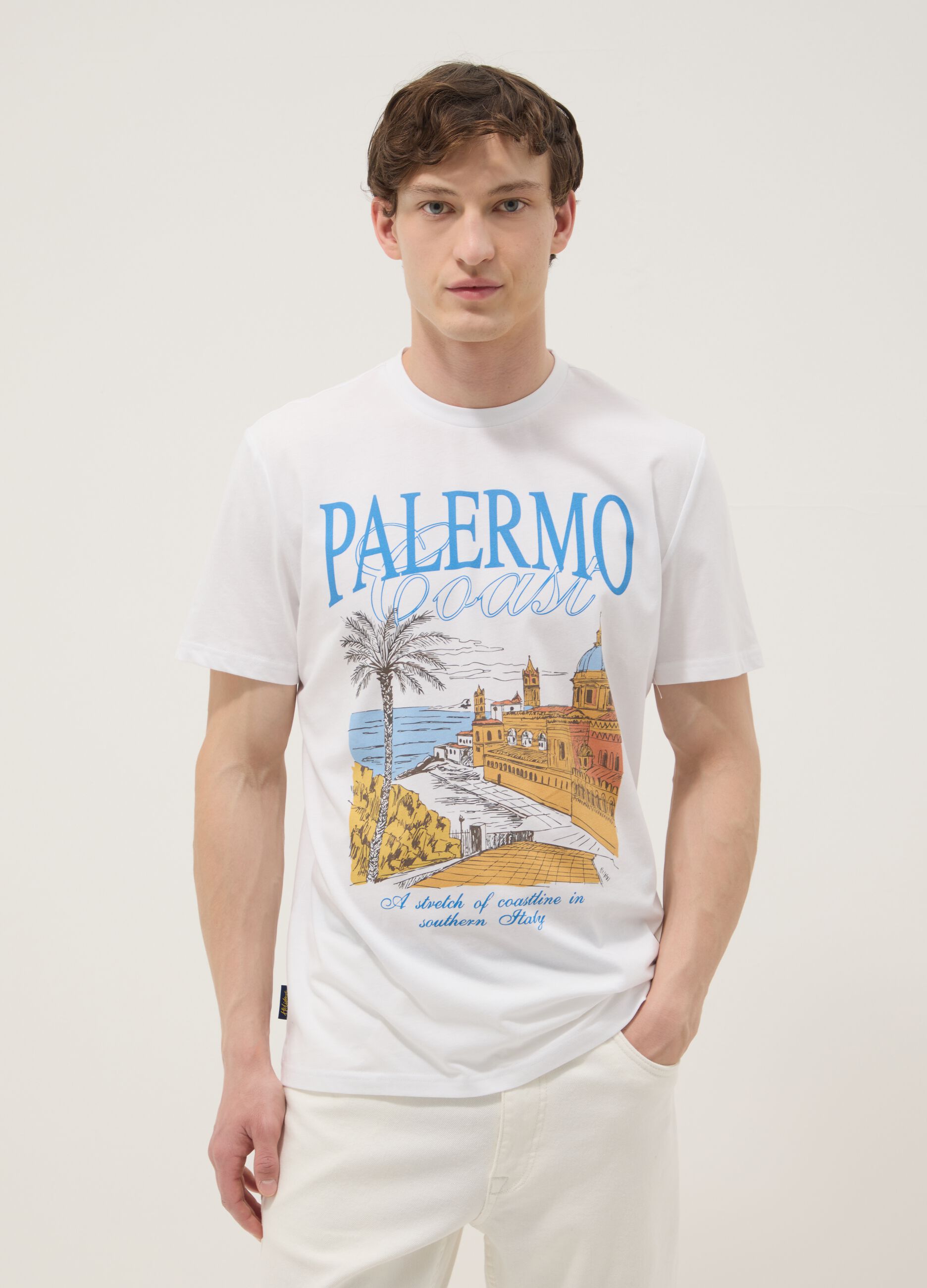 White pure cotton T-shirt with front print, regular fit
