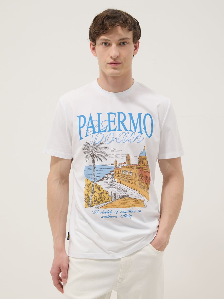 White pure cotton T-shirt with front print, regular fit_1