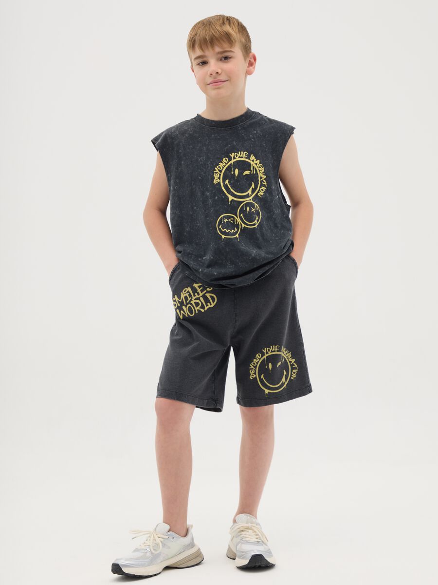 Shorts da ragazzo in puro cotone nero regular fit con dettagli Smiley_0