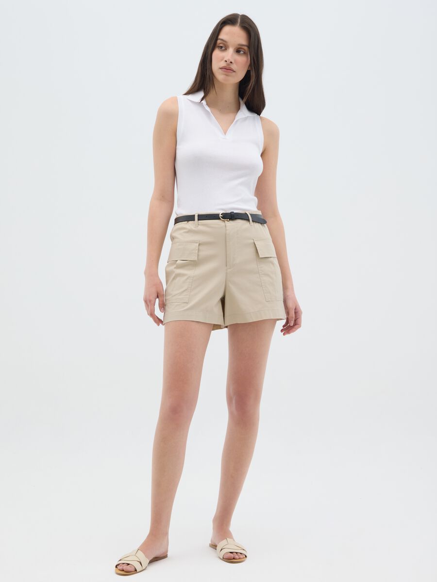 Women's beige regular fit stretch cotton shorts_0