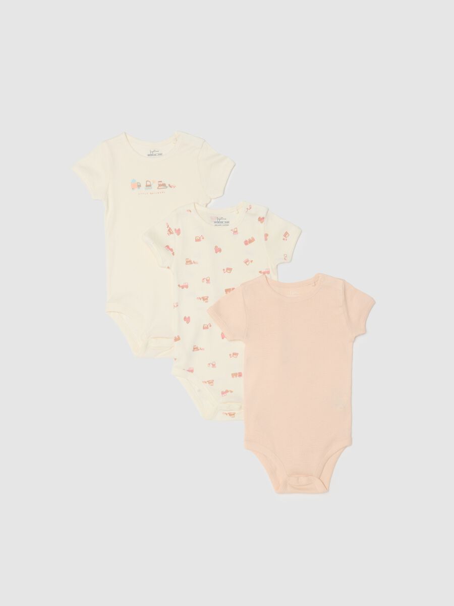 Multi-coloured short sleeve baby bodysuit tripack in pure cotton_0